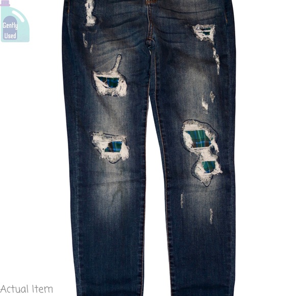 Judy Blue Green and Blue Blackwatch Plaid Distressed Skinny Jeans Size 9 👖💚💙 - Picture 3 of 4